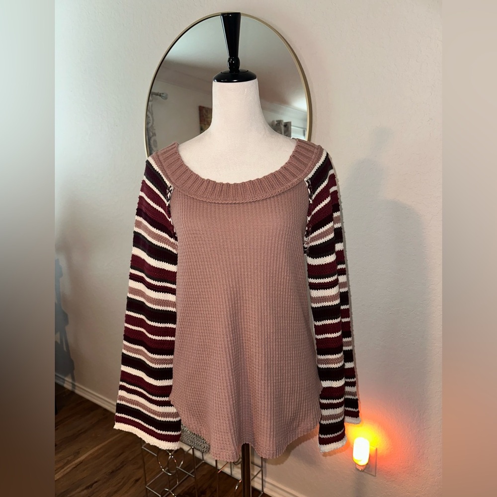 Altar'd State Boho Off-Shoulder Striped Bell Sleeve Pullover Sweater
